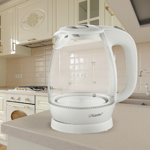 Електрочайник 1,7л 1370-1630W скло (диск) білий MR-063-WHITE Maestro | Зображення 1