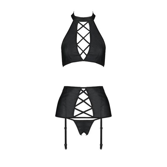 Комплект з еко-шкіри з імітацією шнурівки Nancy Set black XXL/XXXL - Passion топ, трусики та пояс дл | Зображення 2