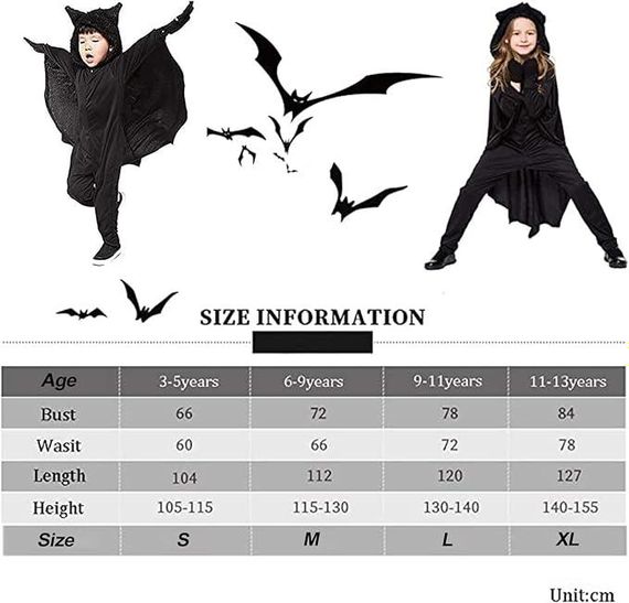 Дитячий костюм кажана, летючої миші комбінезон з капюшоном крилами печатками для Хеловіну карнавалу ранковий на 115-130см 6-9років | Зображення 5