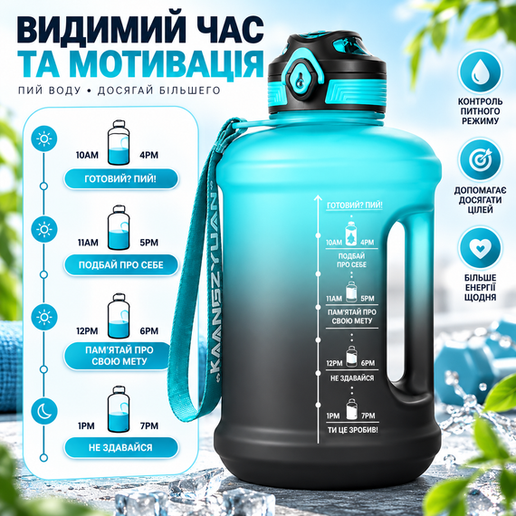 Бутылка для воды KANGZYUAN 2500 мл синяя, спортивная, Tritan без BPA, ударопрочная, с ручкой и ремешком | Зображення 1