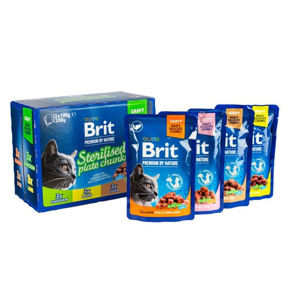 Влажный корм Brit Premium Cat Набор паучей семейная тарелка для стерилизованных кошек, ассорти 4 вкуса, 100 г х 12 шт | Зображення 4