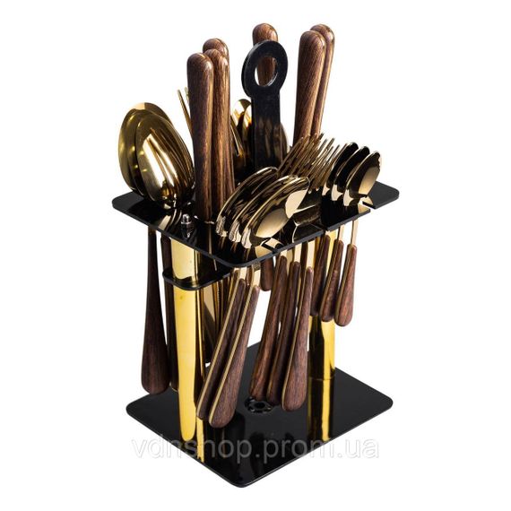Набор столовых приборов на 6 персон с деревянными ручками на подставке столовые приборы 24 шт Золото HP-20-2 | Зображення 1