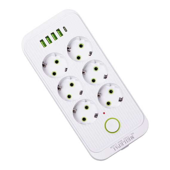 Мережевий фільтр 3 м подовжувач F06U на 6 розеток 4 USB 1 Type-C та кнопкою відключення Білий HP-5-23 | Зображення 2