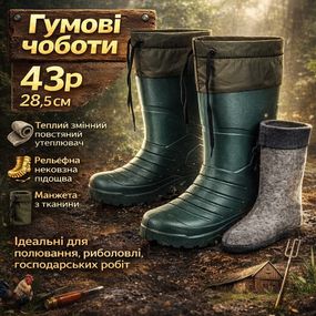 Гумові чоботи для туризму 43р 28, 5см, Легкі чоботи для риболовлі гумові чоловічі комфортні OB-32