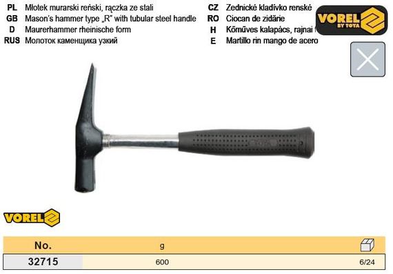 Молоток маляра Рейнський ручка метал 600г VOREL-32715