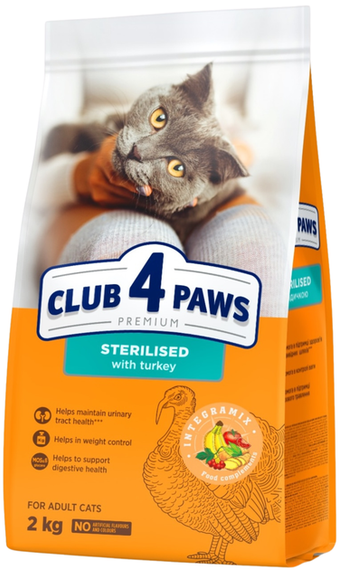 Сухий корм для стерилізованих дорослих кішок Club 4 Paws (Клуб 4 Лапи) Преміум, з індичкою 2 кг