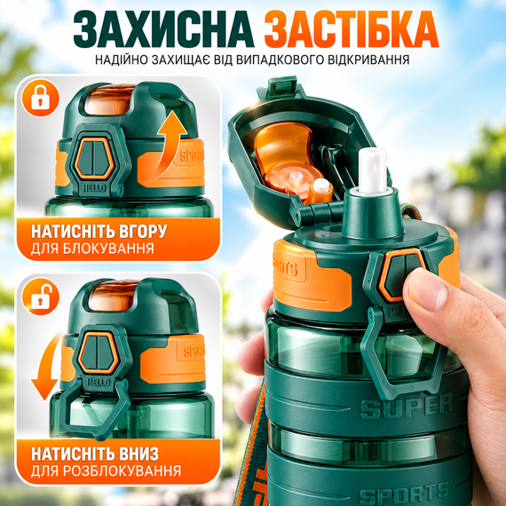 Спортивна пляшка KANGZYUAN 700 мл зелена — Tritan BPA-free, ударостійка пляшка для води з трубочкою та ремінцем | Зображення 5