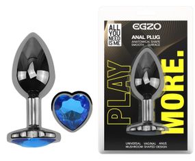 Анальная пробка EGZO Dark Silver Heart Plug M из стали с синим кристаллом Sex Aura