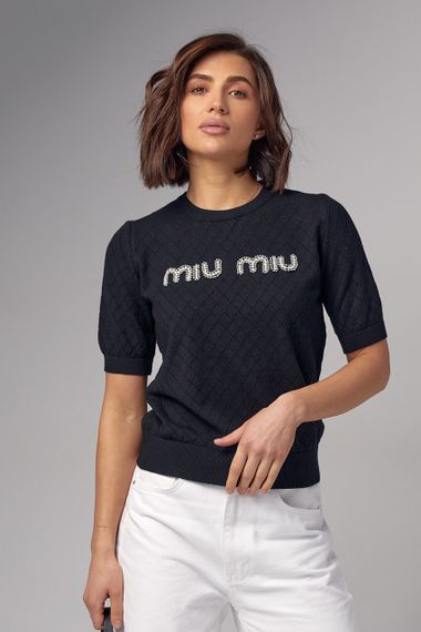 Ажурная футболка с надписью Miu Miu - черный цвет, S (есть размеры) | Зображення 7