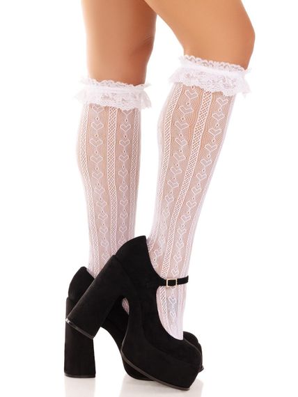 Гольфи ажурні Leg Avenue Sweetheart Ruffle Cuff Knee Highs, білі, малюнок-сердечка | Зображення 1