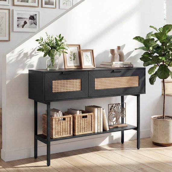 Стіл-консоль Costway Stockholm Rattan з полицею у передпокій лофт чорний | Зображення 1