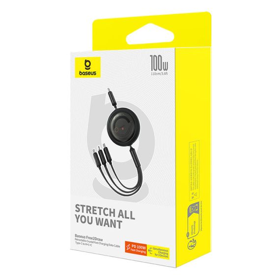 Дата кабель Baseus Free2Draw Retractable Crystal Fast Charging Type-C to 3in1 100W (1.1m) (P1036800) Cluster Black | Зображення 5