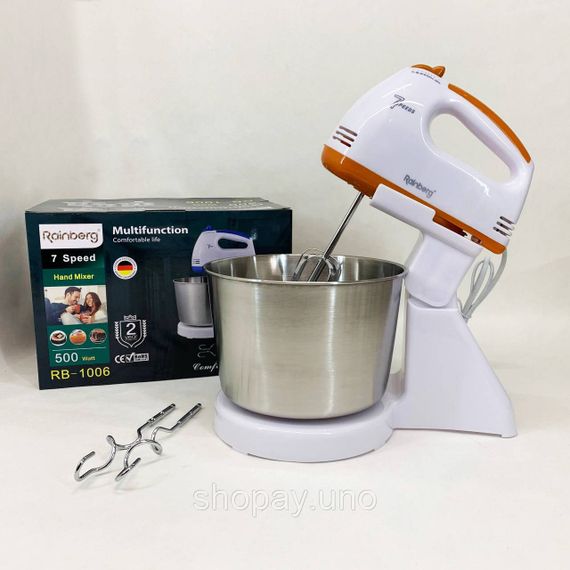 Стационарный электрический миксер с чашей Rainberg RB-1006 500W с насадками для замешивания теста Orange | Зображення 2