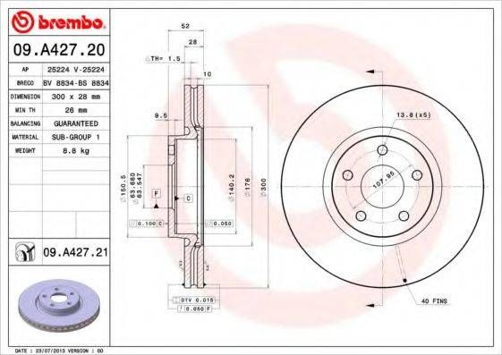 Диск гальмівний FORD MONDEO IV передн., вент. (вир-во BREMBO) BREMBO 09A42721 на FORD MONDEO IV Turnier (BA7)
