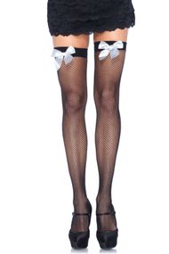 Сетчастые чулки с белым бантом Leg Avenue Fishnet Thigh Highs With Bow One Size Черный