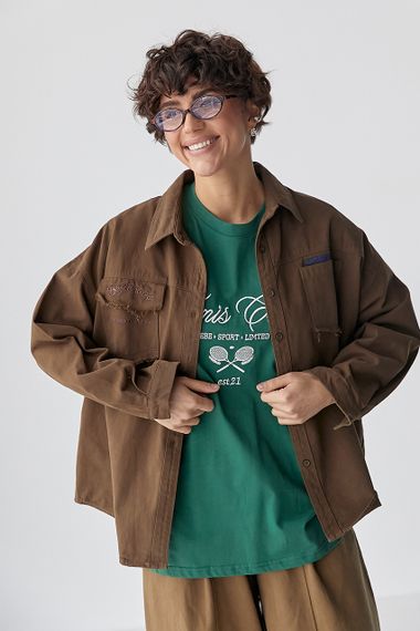 Котонова сорочка з накладними кишенями - коричневий цвет, ONE SIZE (є розміри) | Зображення 4