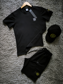 Чоловічий комплект Stone Island чорний (футболка + шорти + бейсболка)
