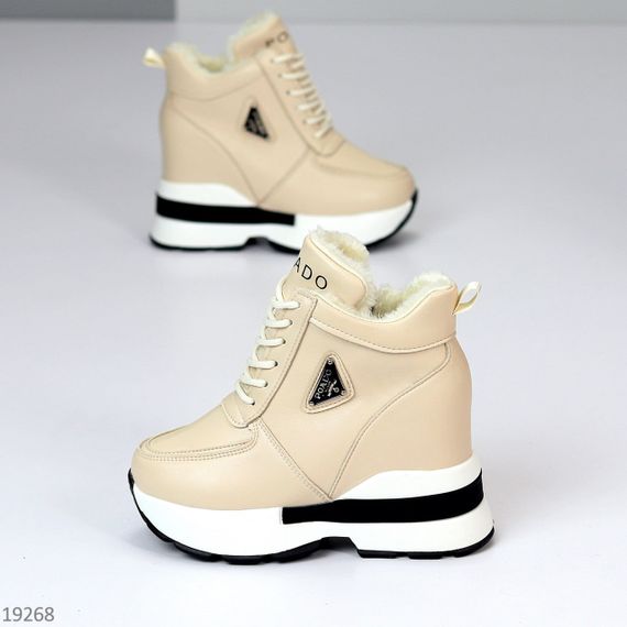 Молодіжні бежеві зимові снікерси на платформі танкетці | Зображення 7