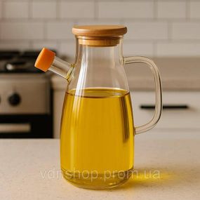 Стеклянная бутылка для масла и уксуса с носиком и дозатором 650 мл, деревянная крышка, квадратная ручка HP-34-1-650