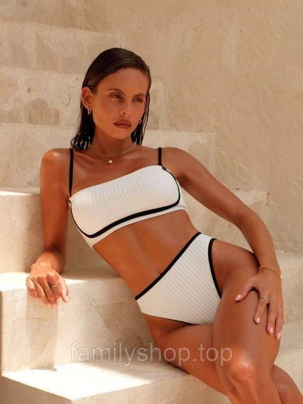 Белый раздельный купальник в рубчик с топом бандо и высокой посадкой, MBк988 размер L, цвет белый