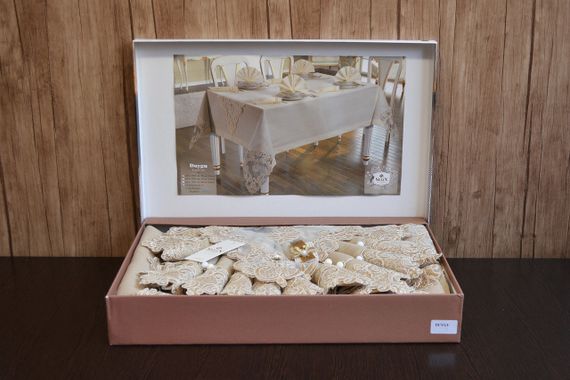Лляна скатертина з ранером Selin Selin Duygu Set 160×350+12 серветок бежева | Зображення 1