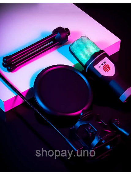 Игровой микрофон для ПК и приставки с RGB подстветкой / Микрофон конденсаторный с поп-фильтром на подставке для блоггеров | Зображення 1