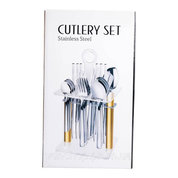 Набор столовых приборов на 6 персон с деревянными ручками на подставке столовые приборы 24 шт Золото HP-20-2 | Зображення 8