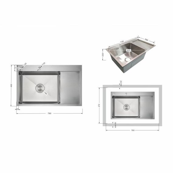 Мойка для кухни интегрированная Lidz Handmade Max 500 H7849R Brushed Steel, 3,0/1,0 мм, крыло справа, увеличенная чаша | Зображення 1