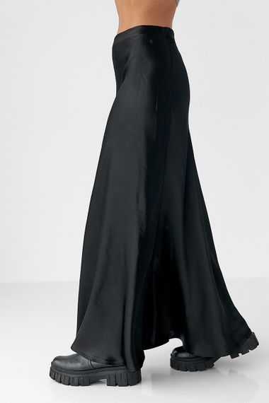 Жіноча атласна довга спідниця на резинці - чорний цвет, S (є розміри) | Зображення 4