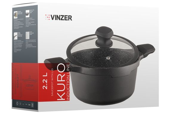 Каструля Vinzer Kuro Induction Line 50427, 2.2 л, 20 см, алюмінієва з кришкою та антипригарним покриттям | Зображення 2