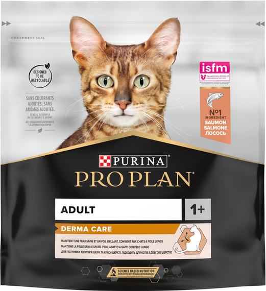 Сухий корм PRO PLAN Adult 1+ Derma Care для підтримки здоров'я шкіри та шерсті у дорослих котів, лосось 0.4кг