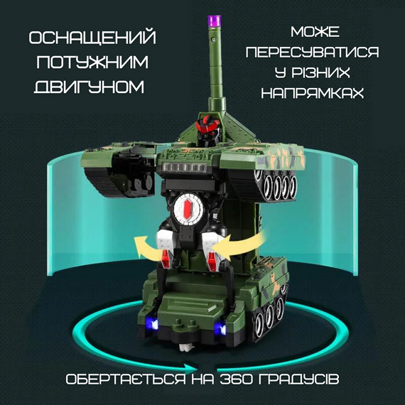 Іграшка Робот Трансформер Танк на Радіоуправлінні зі Світлом та Звуком + Обертання на 360° на Акумуляторі Зелений | Зображення 2