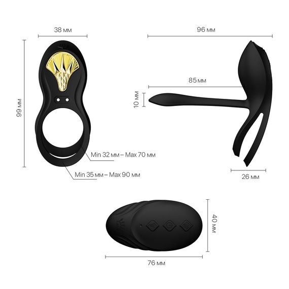 Смарт-эрекционное кольцо Zalo - BAYEK Obsidian Black, двойное с вводимой частью, пульт ДУ | Зображення 2