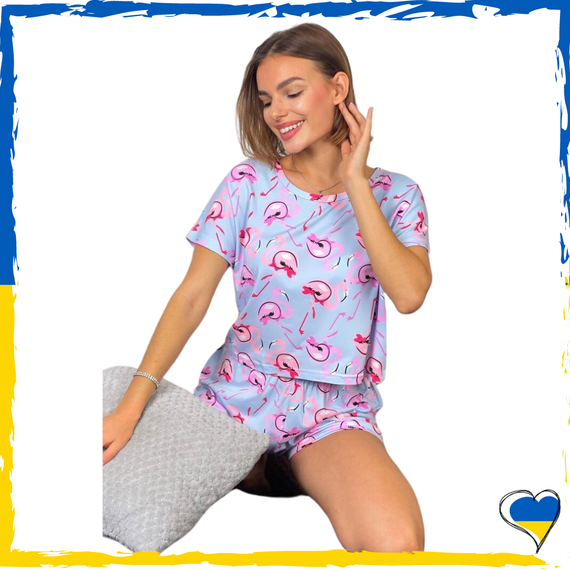 Жіноча піжама топ і шорти блакитна з фламінго S, M, L, XL