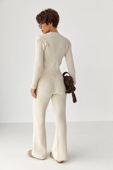Трикотажний костюм у рубчик із кардиганом і штанами палаццо - молочний цвет, ONE SIZE (є розміри) | Зображення 1