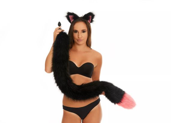 Анальний хутряний хвіст без пробки, Чорний з яскраво-рожевим кінчиком, OKOVA 100 см. sexstyle | Зображення 2