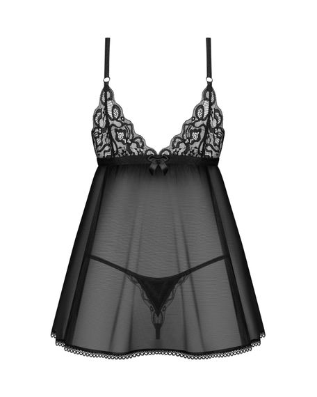 Рубашка беби-долл Obsessive Blomentis babydoll & thong, XS/S, кружевной лиф, стринги в комплекте, Черный, XL/2XL | Зображення 3