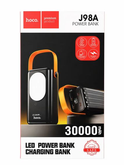 Повербанк HOCO J98A 30000mAh 22.5W - Power Bank с LED дисплеем, 2×USB + 2×Type-C, встроенные кабели 4в1, быстрая зарядка, фонарик