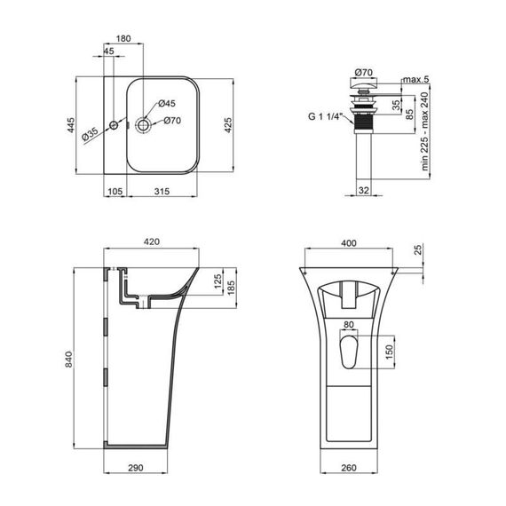 Комплект Qtap Crow: Раковина напольная моноблок 445x420x840 мм White + Донный клапан PU02O | Зображення 1