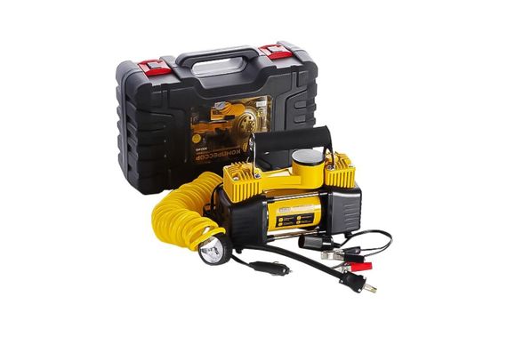 Компресор автомобільний двопоршневий (85 л/хв 10 Атм 18 А) у пластиковому кейсі + кручений шланг СІЛА 900410