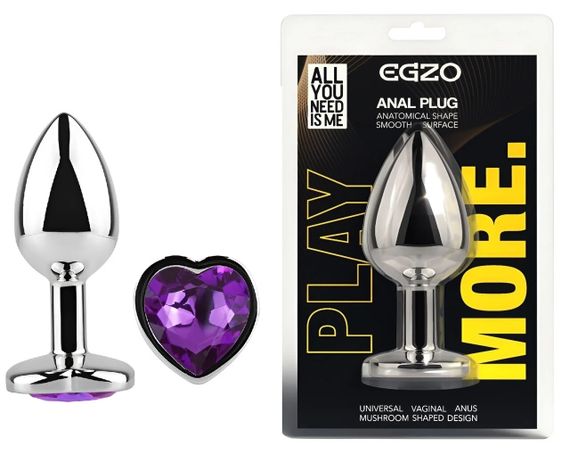 Анальная пробка EGZO Silver Heart Plug серебристая с фиолетовым кристаллом в форме сердца, размер S Sex Aura