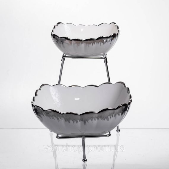 Фруктовница на 2 яруса фуршетная 27×21×25 (см) Белая с серебром 2561-1AS | Зображення 1