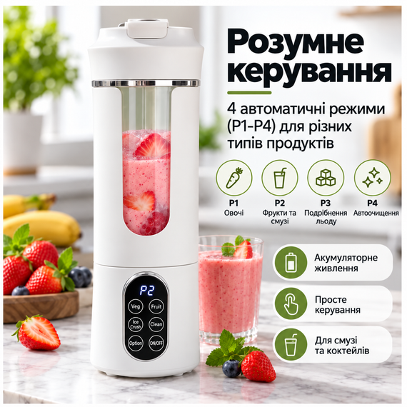 Портативний блендер-шейкер HS-889 530 мл, 12 лез SUS304, акумулятор 1300 мА·год, USB Type-C, для смузі та коктейлів, білий | Зображення 2