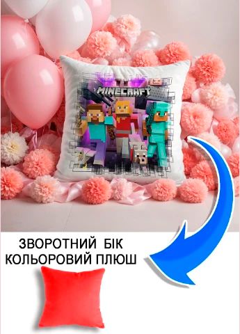 Подушка плюшева Мерч Крафт Дизайн з принтом Майнкрафт Minecraft 2 червоний плюш квадратна 33х33 см