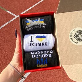 Подарочный набор бокс патриотичных мужских носков в коробке размер 40-45 3 пары разные цвета ч3укр14