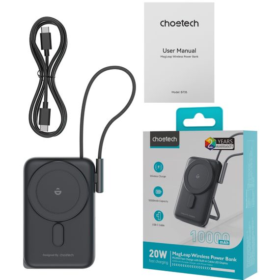 УМБ Choetech Magnetic Wireless 10000mAh 20W PD USB-C In/Out,Qi-15W,build-in cabel  Black | Зображення 1