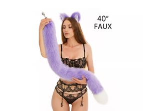 Анальний хутряний хвіст без пробки, Фіолетовий з білим кінчиком, OKOVA 100 см. sexstyle