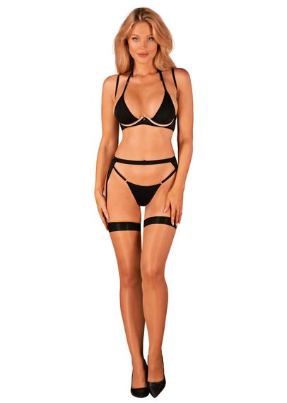 Комплект білизни Obsessive Selinne 3-pcs set M/L Black, бюстгальтер, стрінги пояс для панчіх | Зображення 5