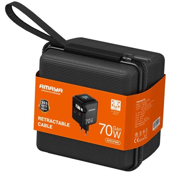 МЗП Amaya E700D PD70W+QC3.0 GaN (1USB-A/1C) + Retractable Cable Type-C Black | Зображення 1