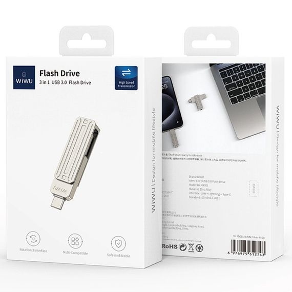 Флеш-накопитель Wiwu Wi-FD001 3in1 (USB-A/C/L) USB 3.0 — 128GB Silver | Зображення 1
